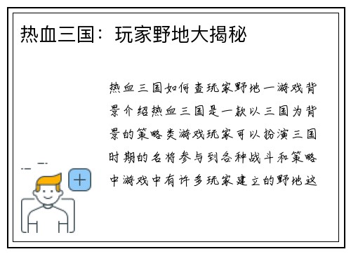 热血三国：玩家野地大揭秘